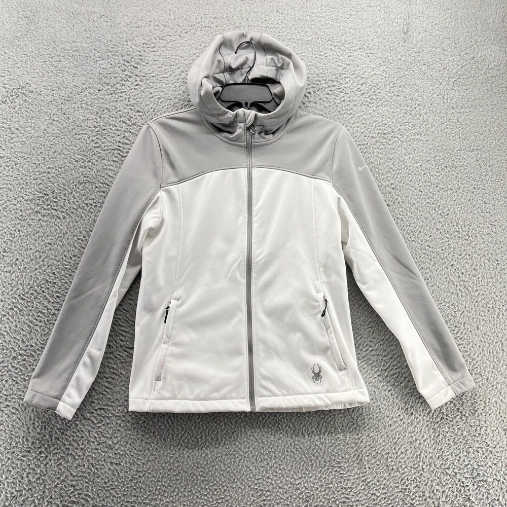 Spider‎ Jacket Womens Medium White Full Zip Hood Lined Jacket Pockets Used FLAW